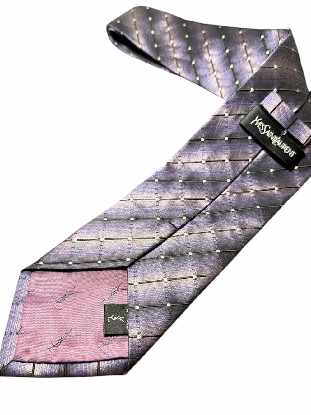 Yves Saint Laurent Lavender Silk Tie with Silver Dot Grid